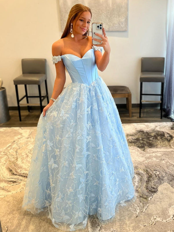 Luolandi A Line Off the Shoulder Satin Lace Prom Dress Off Shoulder Beautiful